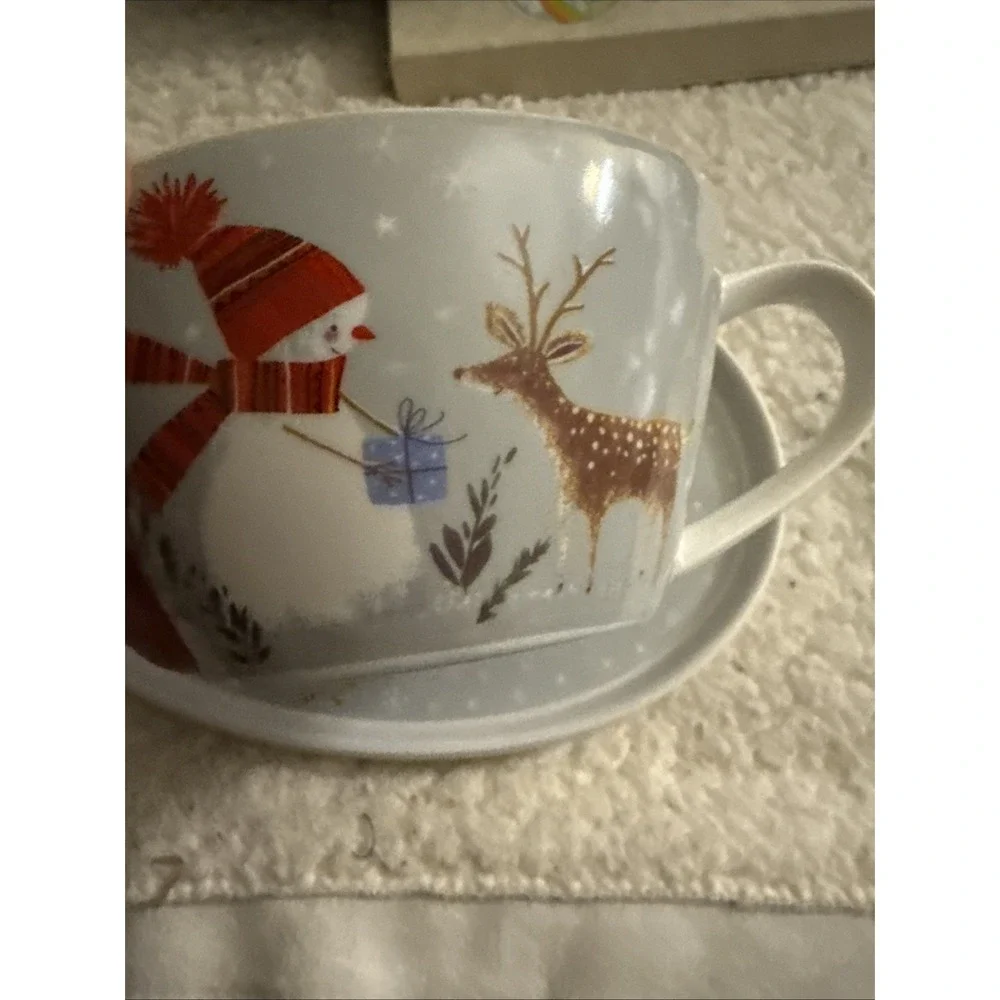 Grace Teaware Fine Porcelain  Snack Plate and Cup Set Snowman Grey Background
